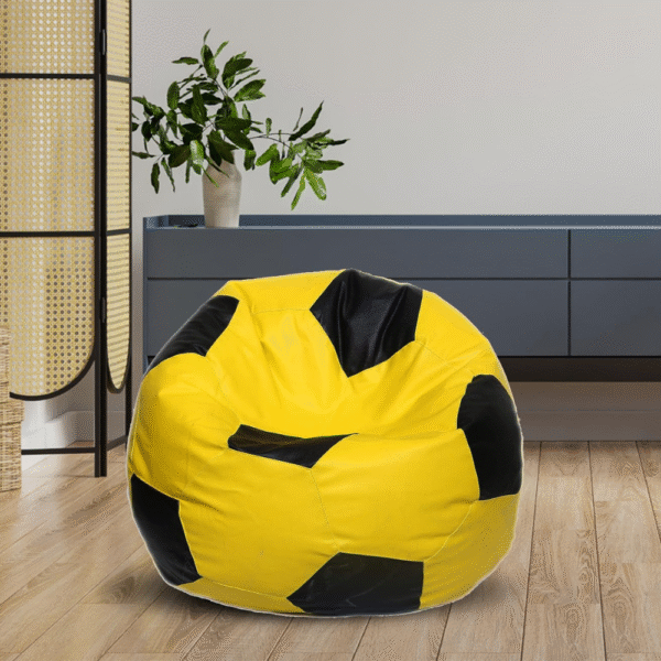 Kingwell XXXL Football Bean Bag Cover, Black & Yellow, Leatherette, Round Shape, Without Beans, Durable.