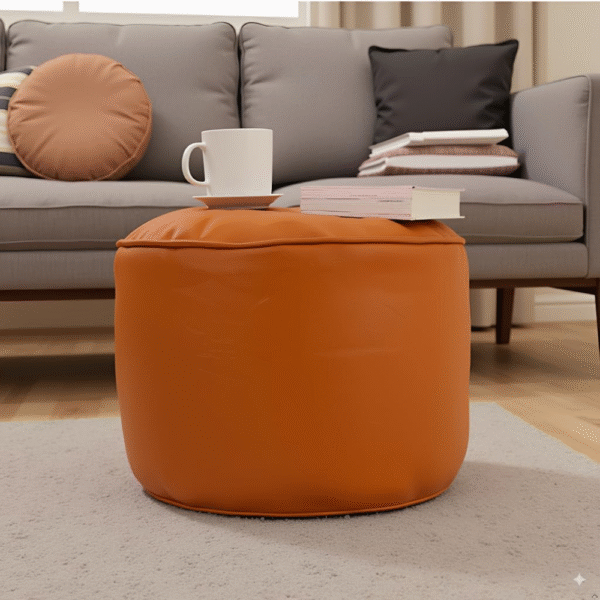 Kingwell Faux Leather Bean Bag with Beans, Orange, Large Round Footstool 24cm x 44cm for Living Room & Bedroom.