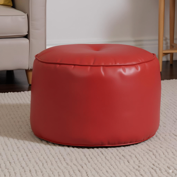 Kingwell Bean Bag Faux Leather Bean Bag with Beans, Red, Large Round Footstool 24cm x 44cm for Living Room & Bedroom.