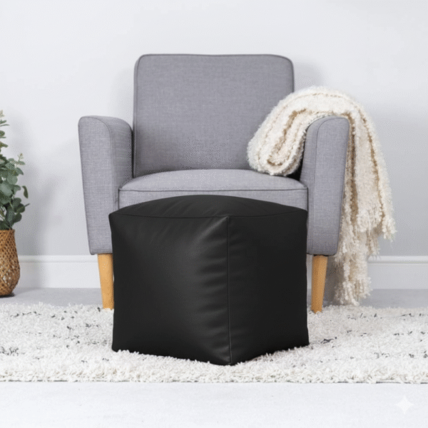 Kingwell Cube Footrest Bean Bag, 38x38 cm, Faux Leather, Without Beans, Black, Durable & Comfortable.